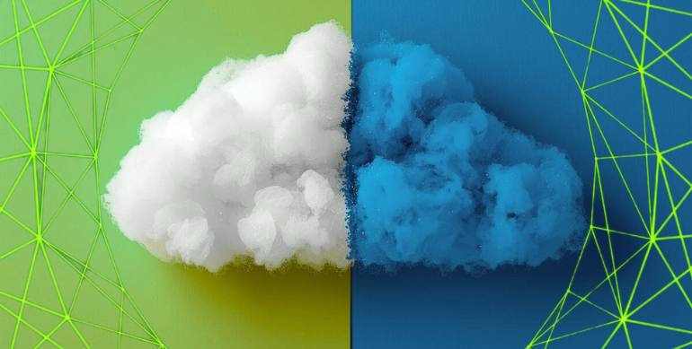 a slit coloured cloud half white on green background and half blue on blue background to represent public cloud vs hybrid hosting