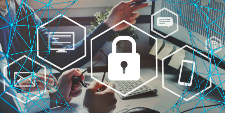 a lock icon, along with other small icons. behind is an office/working environment. Blue network pattern goes around the entire image.